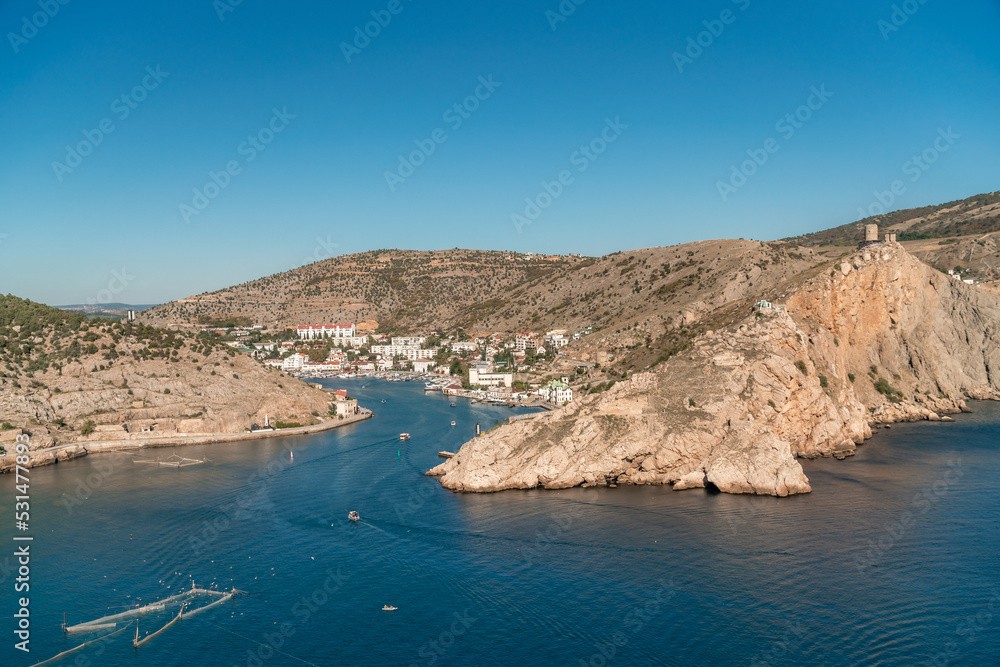 Panorama of the Balaklava bay. View of Balaklava bay and Cembalo fortress. Crimea