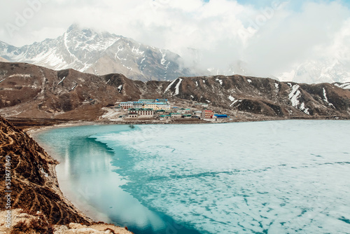 Amazing blue Gokio lake under ice and snow, Nepal, Himalayas photo