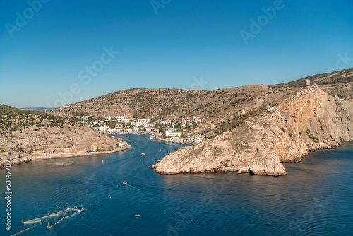 Panorama of the Balaklava bay. View of Balaklava bay and Cembalo fortress. Crimea