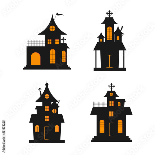 Set of Halloween House Illustrations white background Vector silhouettes of scary old houses Mystical spooky house For flyer or invitation template for Halloween party.