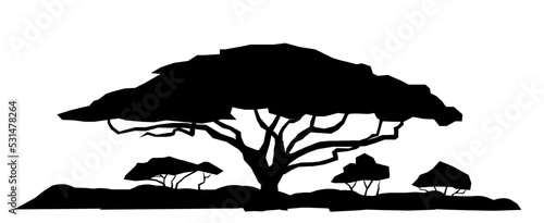 African savannah landscape. Silhouette picture. Africa acacia tree. Isolated on white background. Vector.