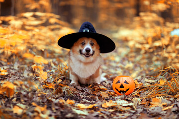 cute corgi dog in fancy black hat sitting in autumn park with pumpkin for halloween