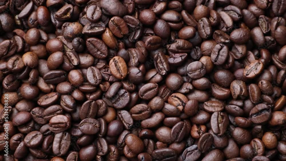 Coffee beans close up. Rotation of roasted coffee beans close-up. Coffee beans close up. Rotation of roasted coffee beans close-up.
