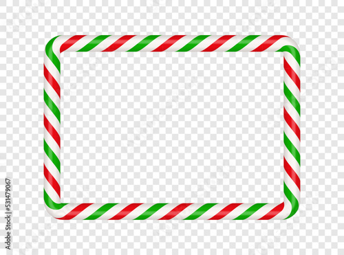Christmas candy cane rectangle frame with red and green stripe. Xmas border with striped candy lollipop pattern. Blank christmas template. Vector illustration isolated on transparent background.