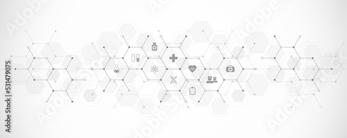 Medical background and healthcare technology with flat icons and symbols. Design template of concept and idea for health care business, innovation medicine, health safety, science © berCheck