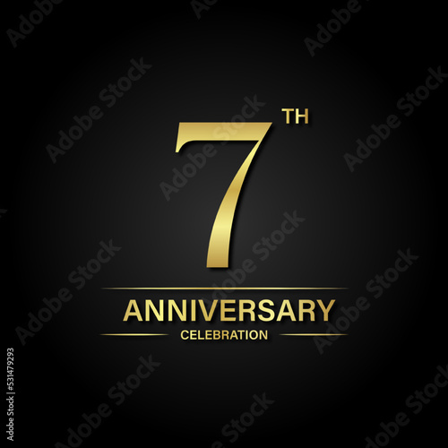 7th anniversary celebration with gold color and black background. Vector design for celebrations, invitation cards and greeting cards.
