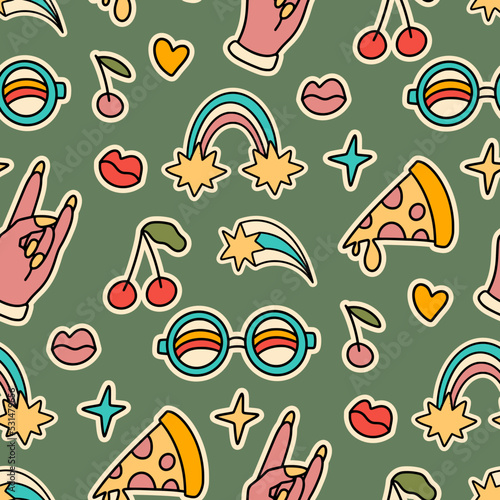 70s 80s groovy retro seamless vector pattern. Cartoon hand, pizza, rainbow sticker retro summer psychedelic funky cute background