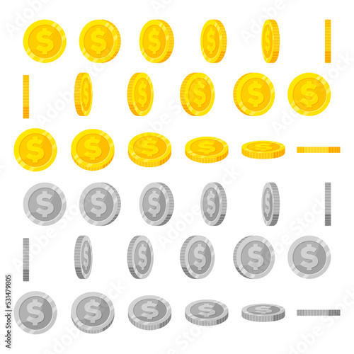 Cartoon coin animation sprites. Gold and silver coins flip and rotate. Round dollar for animated game. Money icon in angle view vector set. Illustration silver and gold coin, flip and rotate.