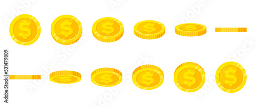 Gold coin dollar  turn around different position set for game or apps animation. Bingo jackpot casino poker win rotation elements.
Vector illustration cartoon flat icon isolated on white background.