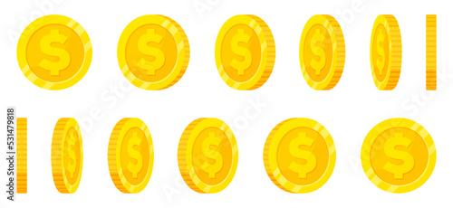Gold coin dollar  turn around different position set for game or apps animation. Bingo jackpot casino poker win rotation elements.
Vector illustration cartoon flat icon isolated on white background.