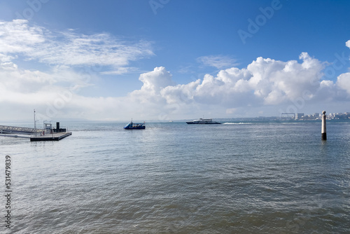 View of boats sailing on the sea in Lisbon