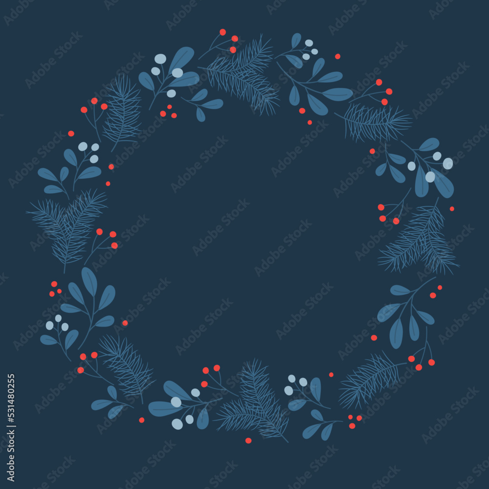 Winter wreath with mistletoe and pine twigs in blue colors. Template for Christmas greeting card, invitation, poster, banner, print. Winter wreath with mistletoe and pine twigs in blue colors. Template for Christmas greeting card, invitation, poster, banner, print.
