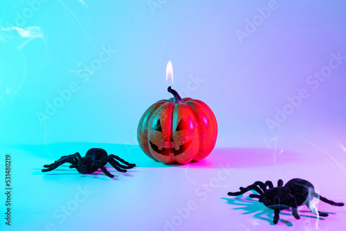 Halloween party. Black night spider, scary spooky pumpkin on night neon helloween background. Happy Halloween concept. Frame. Copy space.