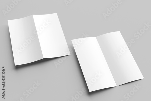 Bi fold or Vertical half fold brochure mock up isolated on soft gray background. 3D render illustration