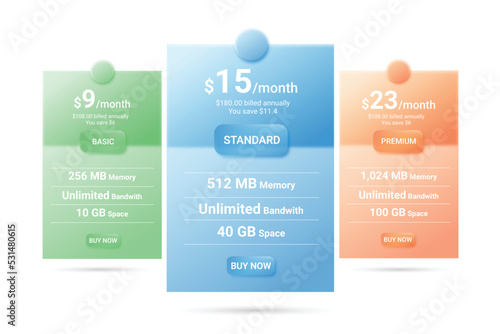 Web pricing table design with frosted glass morphism infographic for business