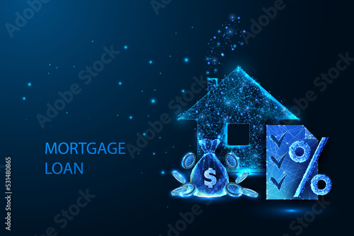 Mortgage loan concept with house, money bag, contract and percentage signs on dark blue background