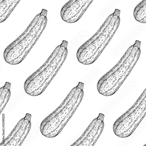 Zucchini seamless pattern. Hand drawn background. Vector illustration. Hand drawing sketch illustration. Zucchini vegetable hand drawn backdrop.