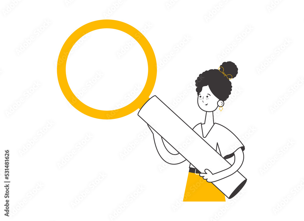 The girl is holding a magnifying glass in her hands. Modern linear style. The girl is holding a magnifying glass in her hands. Modern linear style.