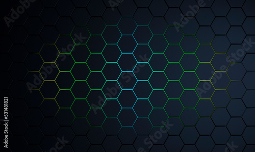 3d hexagon black background. Technology abstract geometry dark backdrop with honeycomb and neon texture. Science, technology, network concept