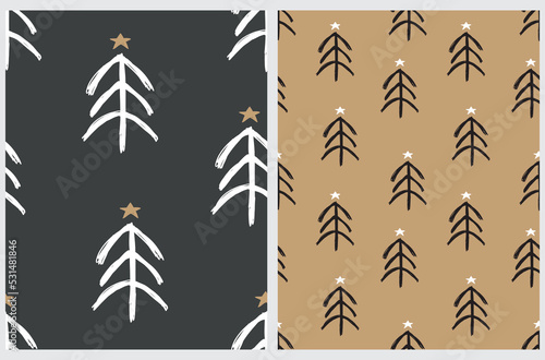 Abstract Winter Forest Vector Patterns. Cute White Christmas Trees Made of Scribbles and Gold Stars Isolated on a Pale Black and Gold Background. Irregular Xmas Trees Repeatable Design.