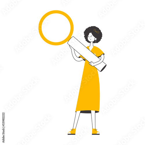 The woman is holding a magnifying glass in her hands. Minimalistic linear style. 