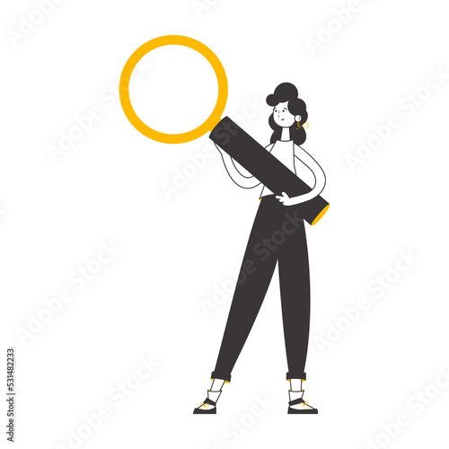 The girl is holding a magnifying glass in her hands. Linear trendy style.  