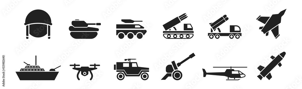 Fototapeta premium Military, war, army black icon set. Vector EPS 10
