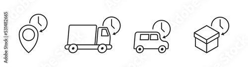 Express delivery, fast delivery icon set. Truck, map pin, stopwatch and box icon. Vector EPS 10
