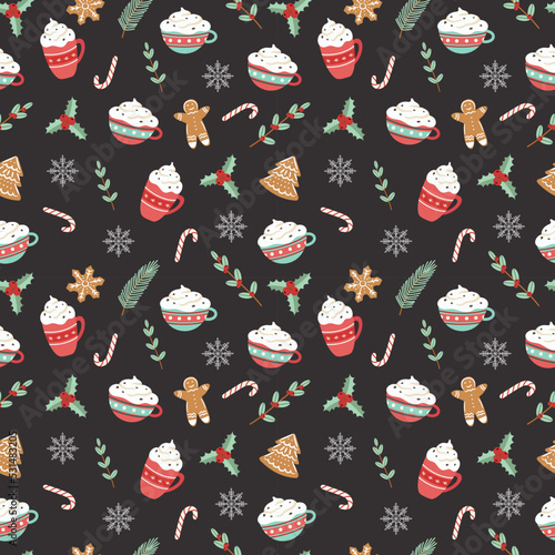 seamless christmas pattern template in cartoon style with christmas candies, gifts, holly leaves and bells. for wrapping paper, textile, themed decor