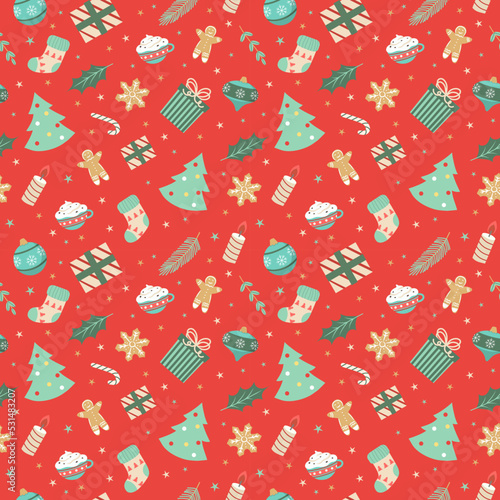 seamless christmas pattern template in cartoon style with christmas candies, gifts, holly leaves and bells. for wrapping paper, textile, themed decor