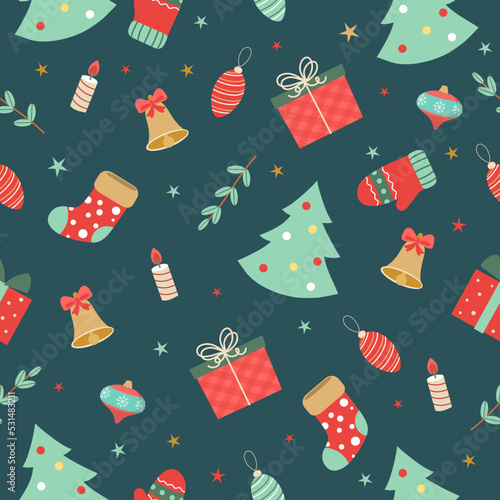 seamless christmas pattern template in cartoon style with christmas candies, gifts, holly leaves and bells. for wrapping paper, textile, themed decor