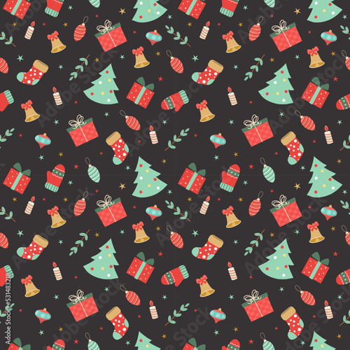 seamless christmas pattern template in cartoon style with christmas candies, gifts, holly leaves and bells. for wrapping paper, textile, themed decor