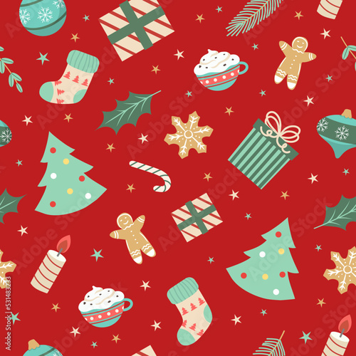 seamless christmas pattern template in cartoon style with christmas candies, gifts, holly leaves and bells. for wrapping paper, textile, themed decor