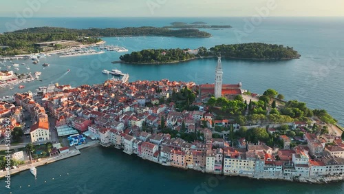 famous Croatian historic town of Rovinj or Rovigno in Istria, aerial view of a Croatian resort on the Mediterranean coast, tourism or vacation in Croatia concept 