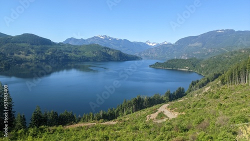 View of a lake with forestry operations