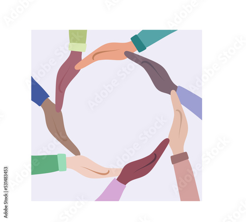 The concept of inclusion, equality and diversity. Diverse hands form a circle. Place for an inscription