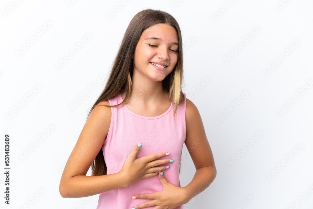 Little caucasian girl isolated on white background smiling a lot Little caucasian girl isolated on white background smiling a lot