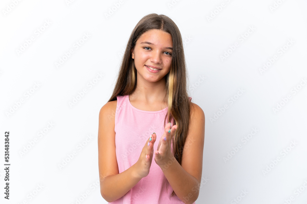 Little caucasian girl isolated on white background applauding after presentation in a conference Little caucasian girl isolated on white background applauding after presentation in a conference
