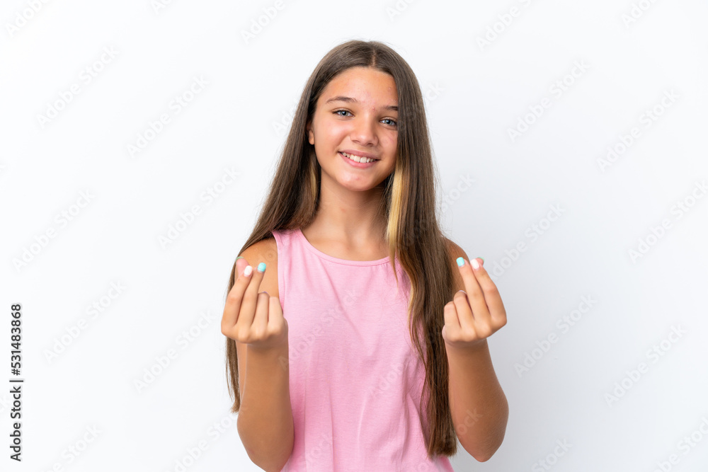 Little caucasian girl isolated on white background making money gesture Little caucasian girl isolated on white background making money gesture