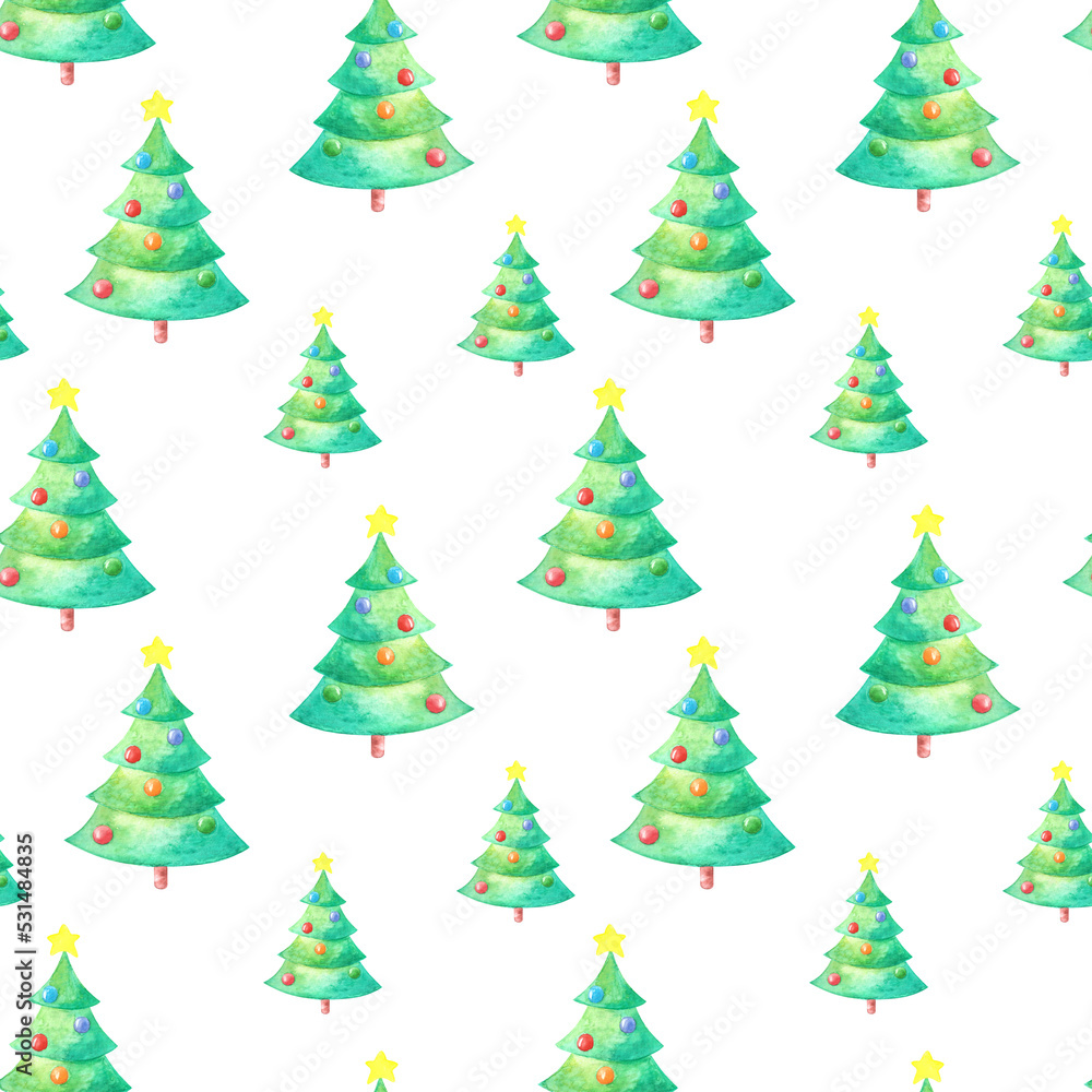 Watercolor hand drawn christmas tree decorated with multicolored balls and star on top seamless pattern on white background. Aquarelle element for cards, invitations, design