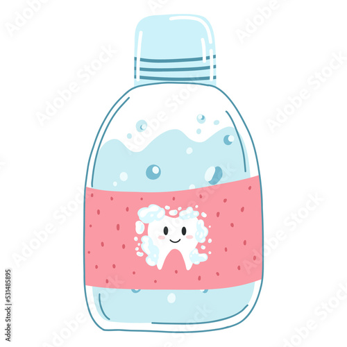 Hand drawn mouthwash bottle with kawaii tooth character in cartoon flat style. Vector illustration of liquid for rinsing mouth, dental care concept, oral hygiene