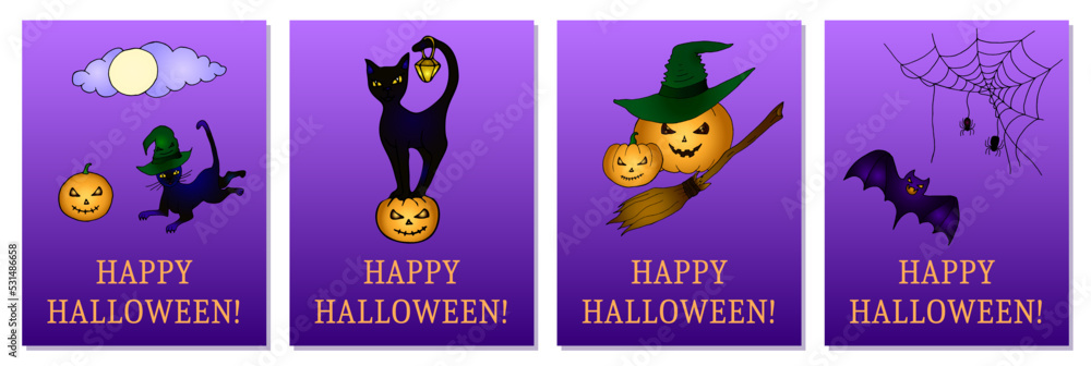 Happy halloween card. Black cat standing on the pumpkin. Cat holding little lamp