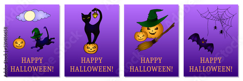 Happy halloween card. Black cat standing on the pumpkin. Cat holding little lamp