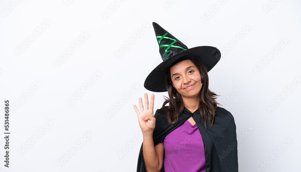 Young hispanic woman dressed as witch over isolated background happy and counting four with fingers Young hispanic woman dressed as witch over isolated background happy and counting four with fingers