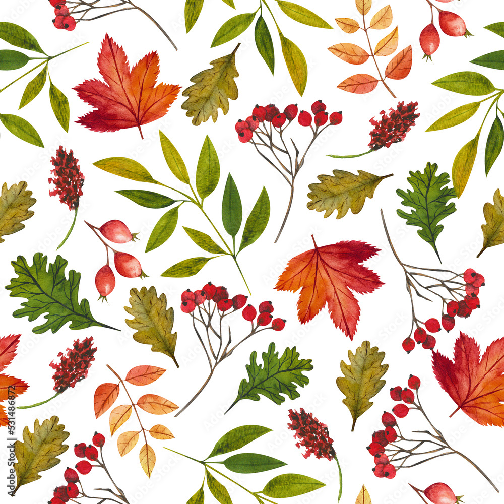 Fototapeta premium Autumn pattern with red and yellow leaves and rowan branches. Seamless pattern without background.