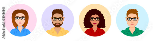 Set of avatars. Office worker wearing glasses. IT developer or engineer. Programmer or designer. Young student.