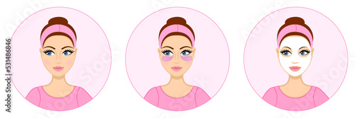 Young woman applying facial mask and gel patches. Girl taking care of her face. Lady wearing headband. Cosmetic procedure for skin. Moisturizing treatment. Anti-aging serum. Sheet mask. Cloth mask