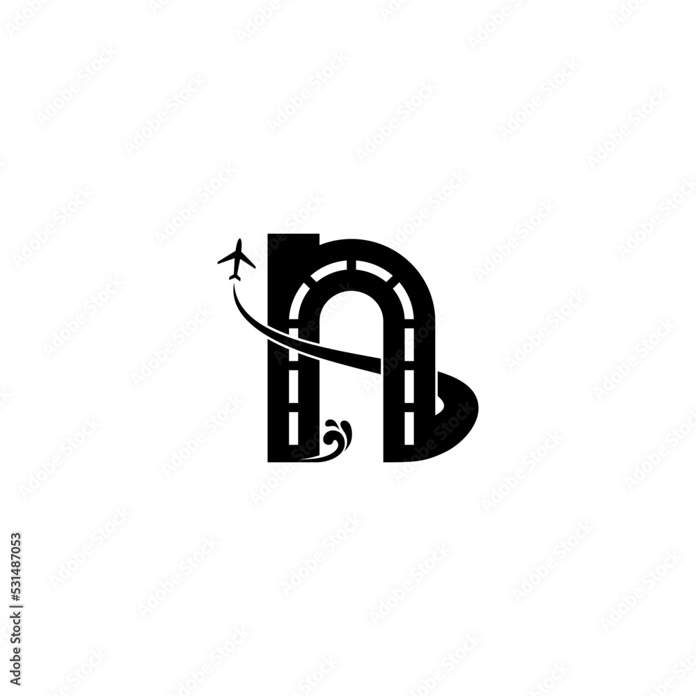 Obraz premium illustration of the letter N with roads, airports, seas, waves, runways and planes