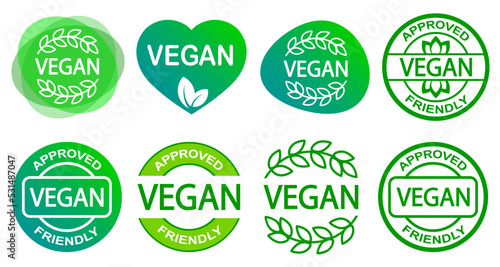 Set of vegan stamps. Plant based vegetarian food product label. Green round stamp. Logo or icon. Organic 