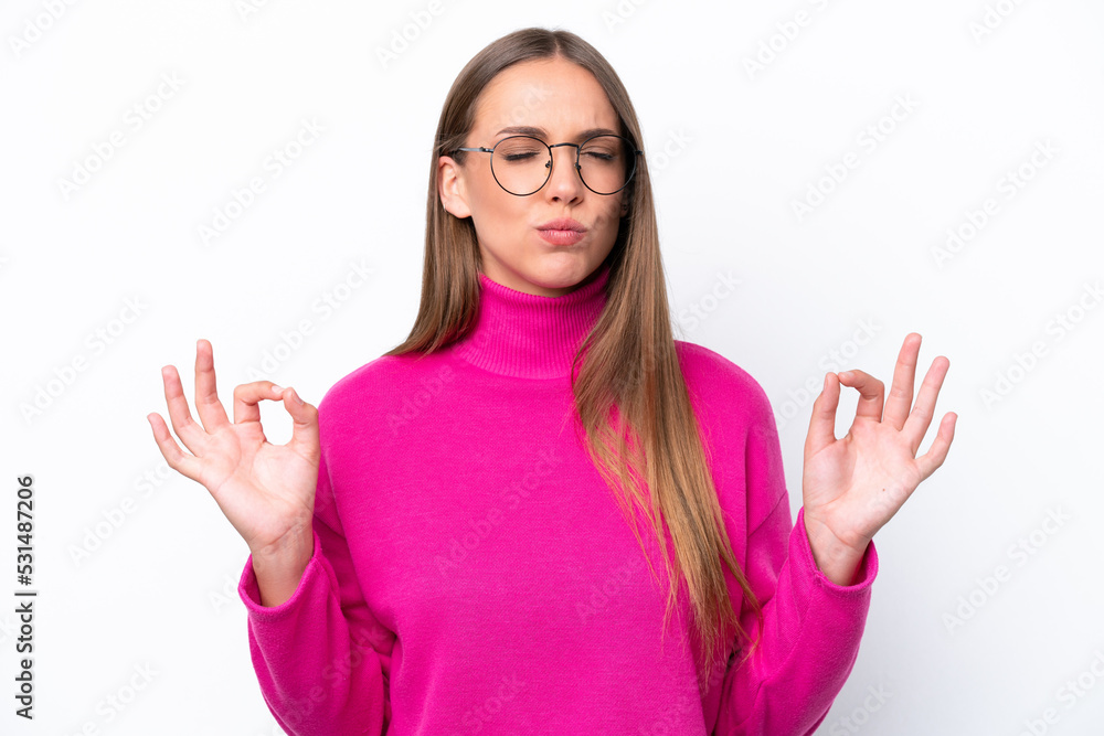 Young caucasian woman isolated on white background in zen pose Young caucasian woman isolated on white background in zen pose